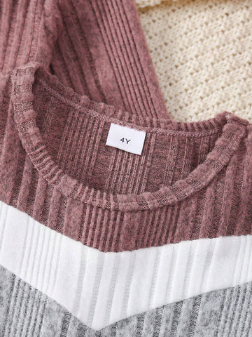 Girls' Crew Neck Patchwork Color Block Elegant Fashion Comfortable Long Sleeve Waisted Dress, Suitable For Spring/Autumn