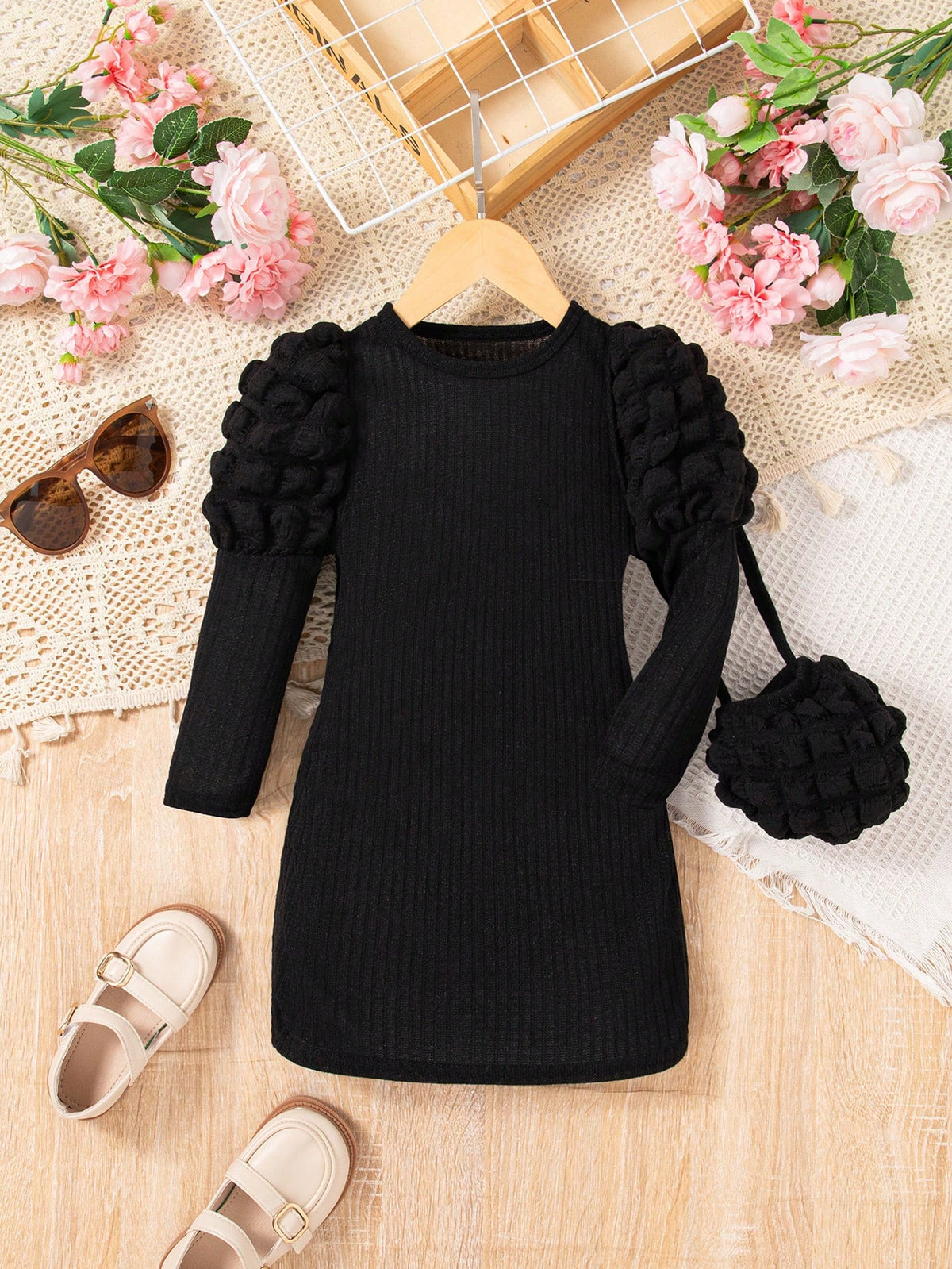Girls Crew Neck Popcorn Puff Sleeve Plain Straight Dress + Bag Set, Fashionable & Simple