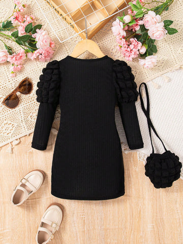 Girls Crew Neck Popcorn Puff Sleeve Plain Straight Dress + Bag Set, Fashionable & Simple