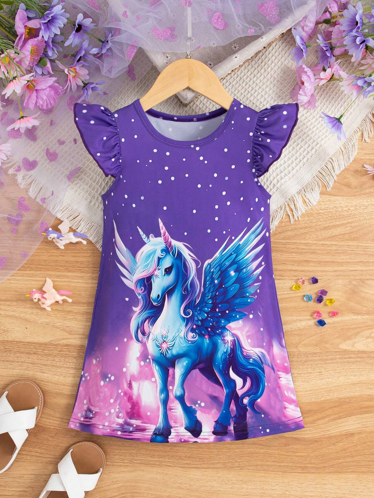 Girls Cute All Over Print Ruffle Sleeves Unicorn Pattern Summer Dress