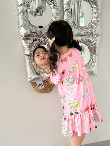 Girls' Cute And Fun Casual Colorful Graffiti Print Short Sleeve T-Shirt Dress