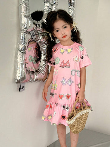 Girls' Cute And Fun Casual Colorful Graffiti Print Short Sleeve T-Shirt Dress