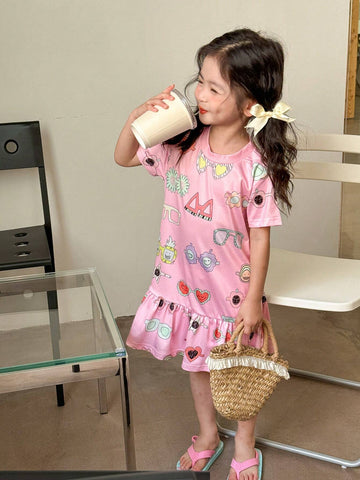 Girls' Cute And Fun Casual Colorful Graffiti Print Short Sleeve T-Shirt Dress