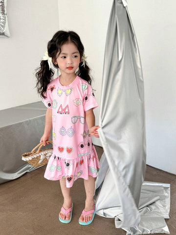 Girls' Cute And Fun Casual Colorful Graffiti Print Short Sleeve T-Shirt Dress