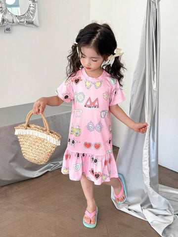Girls' Cute And Fun Casual Colorful Graffiti Print Short Sleeve T-Shirt Dress