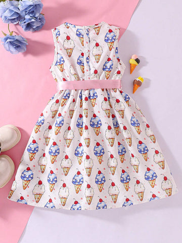 Girls" Cute And Sweet Sleeveless Cake Print Dress, Summer Princess Dress For Children