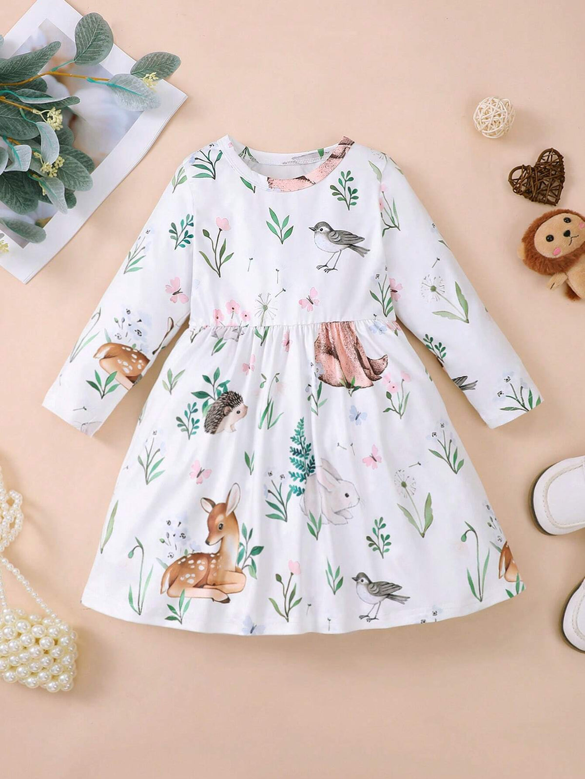 Girls Cute Animal Forest Deer Cute & Elastic Dress For Spring And Autumn