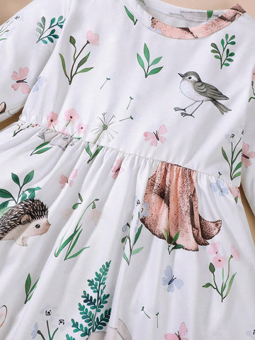 Girls Cute Animal Forest Deer Cute & Elastic Dress For Spring And Autumn
