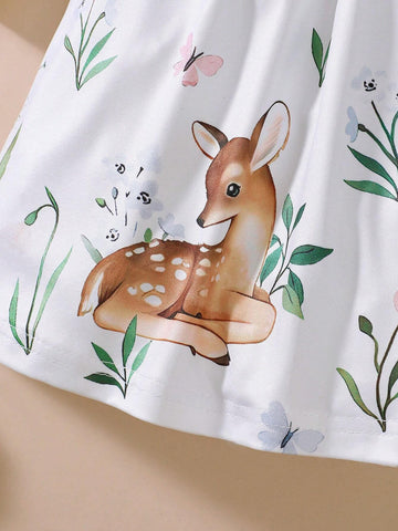 Girls Cute Animal Forest Deer Cute & Elastic Dress For Spring And Autumn