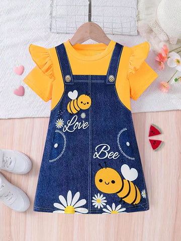 Girls' Cute Bee Print Sleeveless Overall Casual Dress With Round Neckline