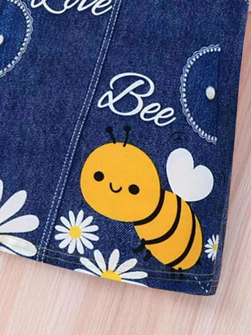 Girls' Cute Bee Print Sleeveless Overall Casual Dress With Round Neckline