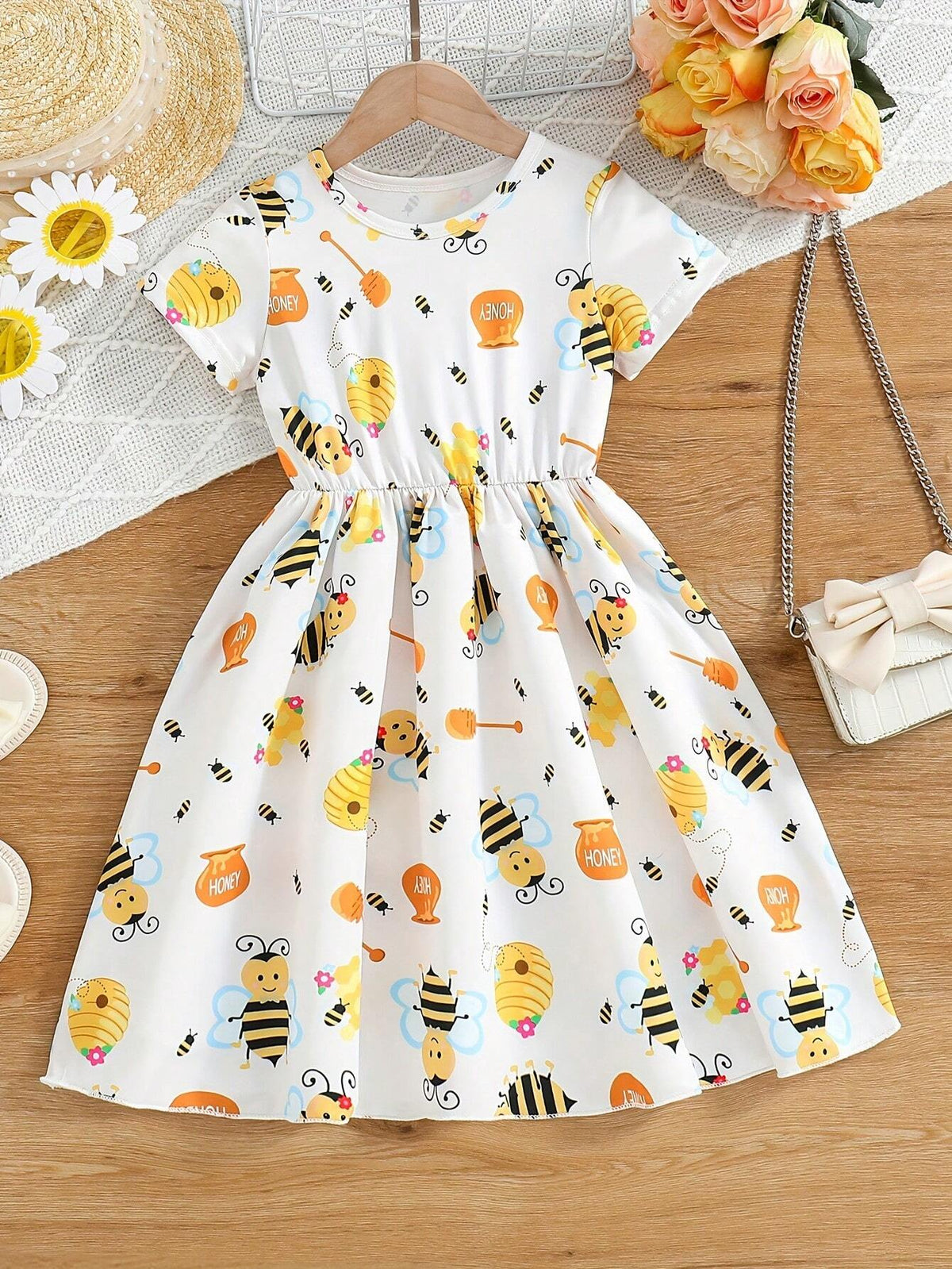 Girls Cute Bees Graphic Short Sleeve Dress Holiday Summer