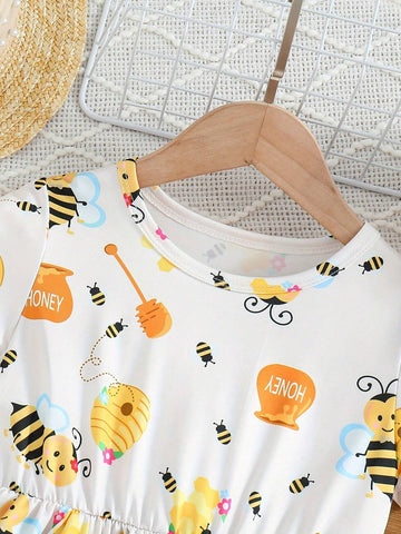 Girls Cute Bees Graphic Short Sleeve Dress Holiday Summer
