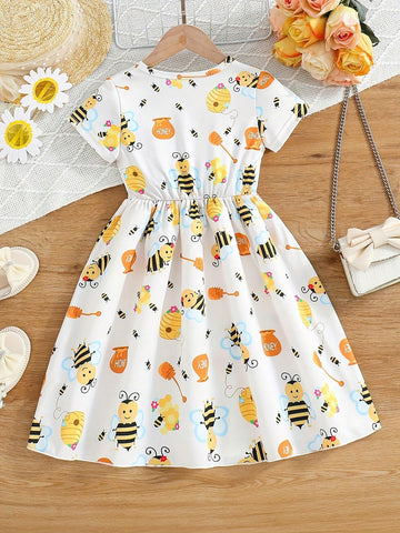Girls Cute Bees Graphic Short Sleeve Dress Holiday Summer