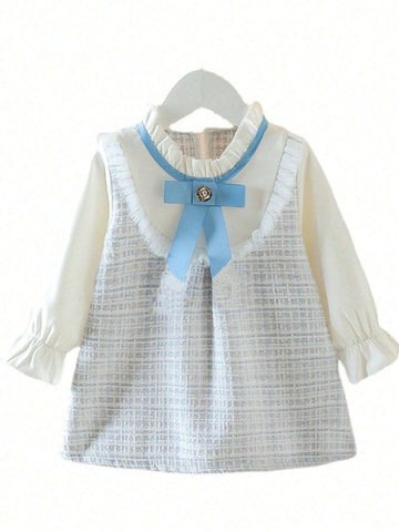 Girls Cute Bow Decor Long Sleeve Dress, Spring & Autumn
