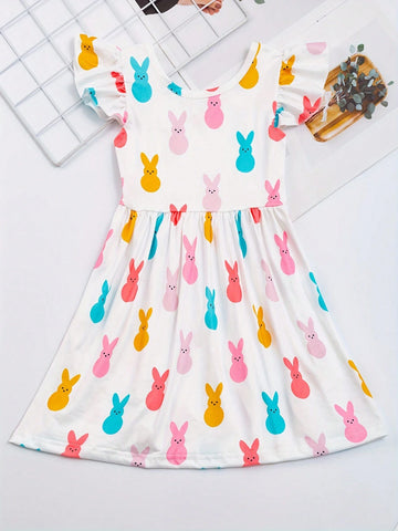 Girls Cute Bunny Graphic Ruffle Sleeve Dress For Spring Summer Easter
