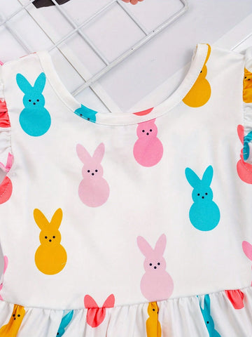 Girls Cute Bunny Graphic Ruffle Sleeve Dress For Spring Summer Easter