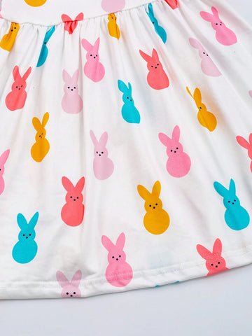 Girls Cute Bunny Graphic Ruffle Sleeve Dress For Spring Summer Easter