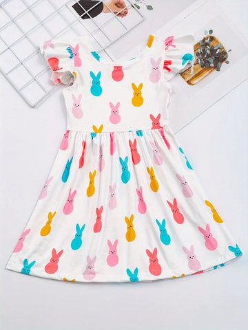 Girls Cute Bunny Graphic Ruffle Sleeve Dress For Spring Summer Easter