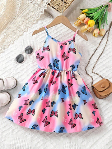Girls Cute Butterfly Gradient Color Print Suspender Tunic Dress For Beach Summer Party