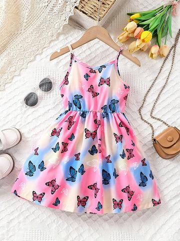 Girls Cute Butterfly Gradient Color Print Suspender Tunic Dress For Beach Summer Party