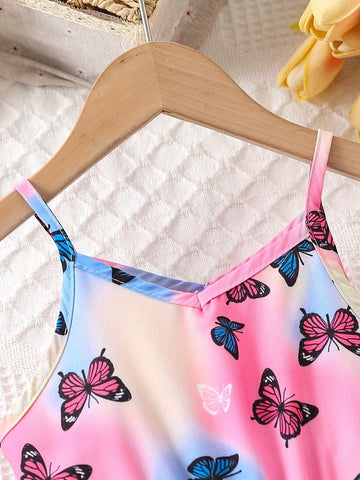 Girls Cute Butterfly Gradient Color Print Suspender Tunic Dress For Beach Summer Party