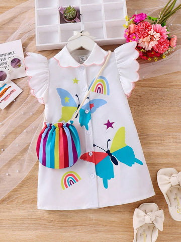 Girls' Cute Butterfly Printed Cap Sleeve Dress With Colorful Bag