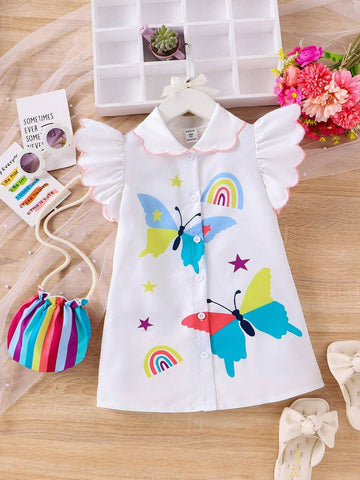 Girls' Cute Butterfly Printed Cap Sleeve Dress With Colorful Bag