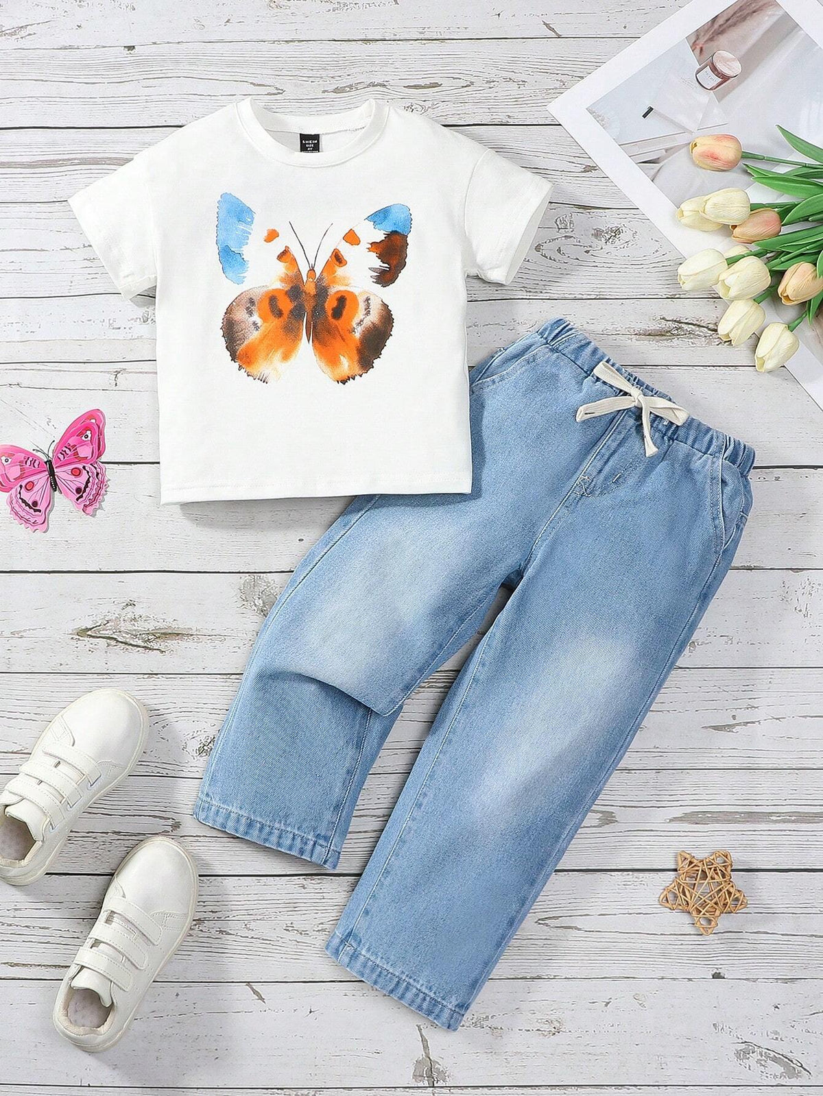 Girls' Cute Butterfly Printed Comfortable White Short Sleeve T-Shirt & Elastic Waist Drawstring Loose Washed Light Blue Denim Straight Pants 2pcs/Set