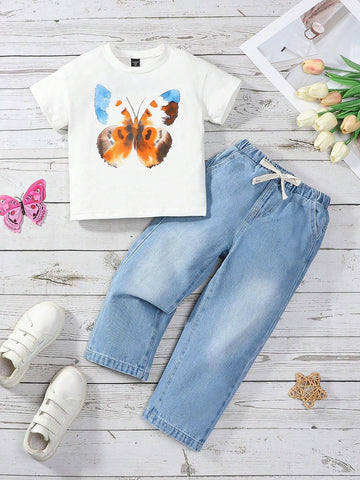 Girls' Cute Butterfly Printed Comfortable White Short Sleeve T-Shirt & Elastic Waist Drawstring Loose Washed Light Blue Denim Straight Pants 2pcs/Set