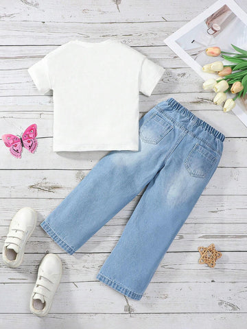 Girls' Cute Butterfly Printed Comfortable White Short Sleeve T-Shirt & Elastic Waist Drawstring Loose Washed Light Blue Denim Straight Pants 2pcs/Set