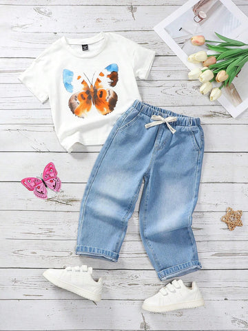 Girls' Cute Butterfly Printed Comfortable White Short Sleeve T-Shirt & Elastic Waist Drawstring Loose Washed Light Blue Denim Straight Pants 2pcs/Set
