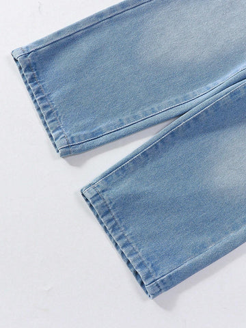 Girls' Cute Butterfly Printed Comfortable White Short Sleeve T-Shirt & Elastic Waist Drawstring Loose Washed Light Blue Denim Straight Pants 2pcs/Set