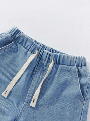 Girls' Cute Butterfly Printed Comfortable White Short Sleeve T-Shirt & Elastic Waist Drawstring Loose Washed Light Blue Denim Straight Pants 2pcs/Set