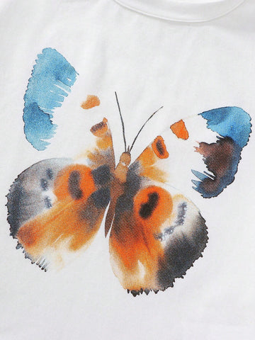 Girls' Cute Butterfly Printed Comfortable White Short Sleeve T-Shirt & Elastic Waist Drawstring Loose Washed Light Blue Denim Straight Pants 2pcs/Set