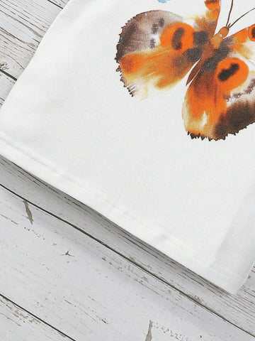 Girls' Cute Butterfly Printed Comfortable White Short Sleeve T-Shirt & Elastic Waist Drawstring Loose Washed Light Blue Denim Straight Pants 2pcs/Set