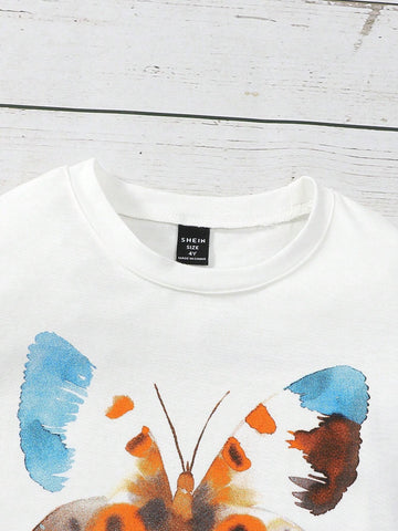 Girls' Cute Butterfly Printed Comfortable White Short Sleeve T-Shirt & Elastic Waist Drawstring Loose Washed Light Blue Denim Straight Pants 2pcs/Set