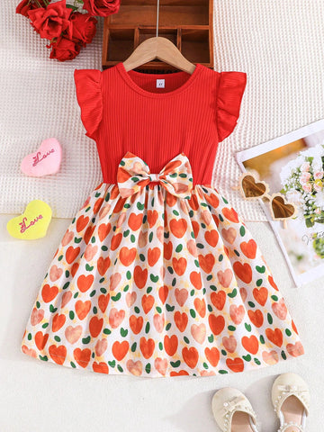 Girls Cute Cap Sleeve Round Neck Sweet Bow Tie Positioning Colorful Heart Print Patchwork Casual Dress