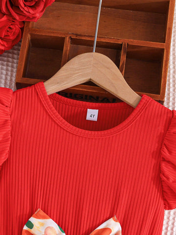 Girls Cute Cap Sleeve Round Neck Sweet Bow Tie Positioning Colorful Heart Print Patchwork Casual Dress