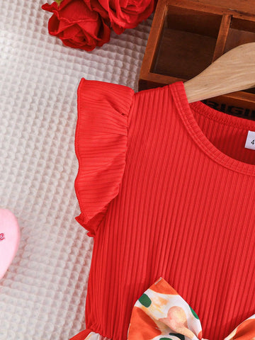 Girls Cute Cap Sleeve Round Neck Sweet Bow Tie Positioning Colorful Heart Print Patchwork Casual Dress