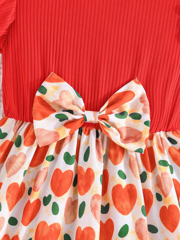 Girls Cute Cap Sleeve Round Neck Sweet Bow Tie Positioning Colorful Heart Print Patchwork Casual Dress