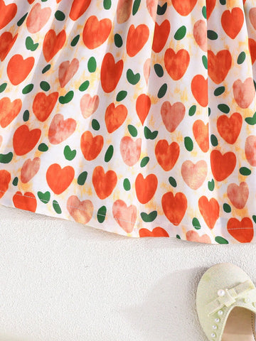Girls Cute Cap Sleeve Round Neck Sweet Bow Tie Positioning Colorful Heart Print Patchwork Casual Dress
