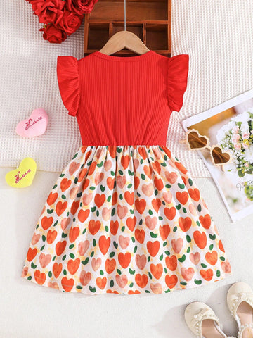 Girls Cute Cap Sleeve Round Neck Sweet Bow Tie Positioning Colorful Heart Print Patchwork Casual Dress