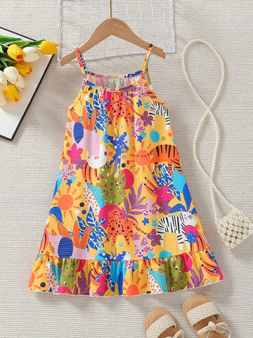 Girls' Cute Cartoon Animal Printed Patchwork Hem Ruffle Trim Casual Dress