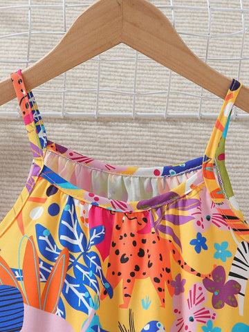 Girls' Cute Cartoon Animal Printed Patchwork Hem Ruffle Trim Casual Dress