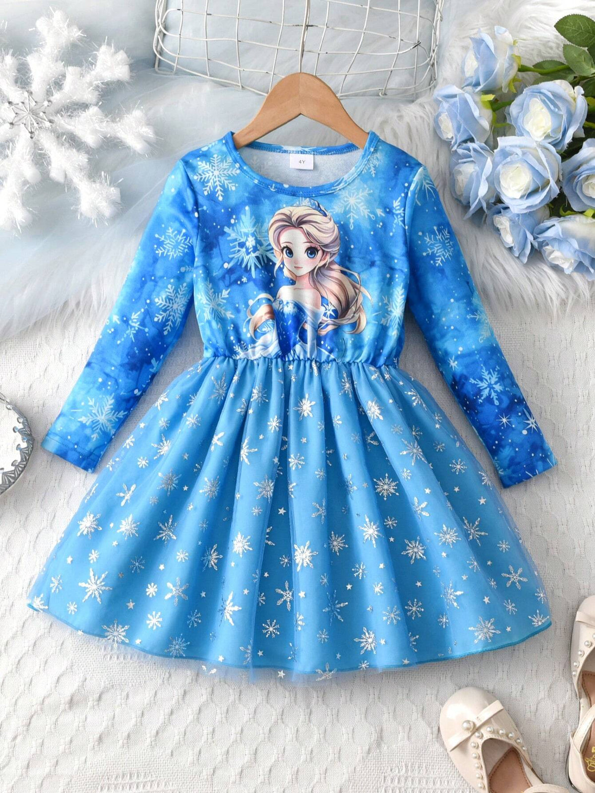 Girls Cute Cartoon Blue Snowflake Print Mesh Long Sleeve Dress, Casual Outdoor Everyday Wear