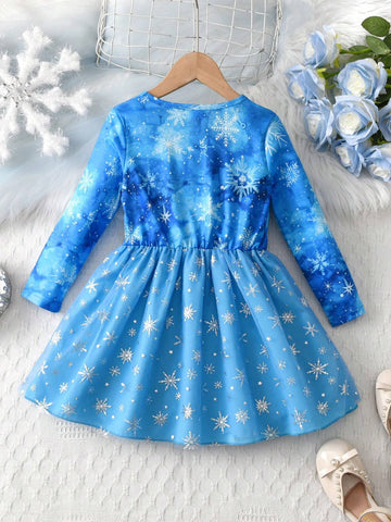 Girls Cute Cartoon Blue Snowflake Print Mesh Long Sleeve Dress, Casual Outdoor Everyday Wear