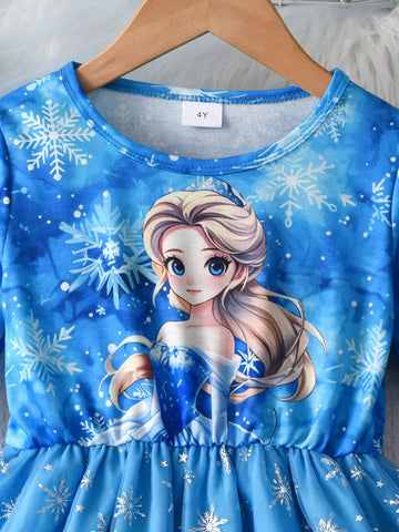 Girls Cute Cartoon Blue Snowflake Print Mesh Long Sleeve Dress, Casual Outdoor Everyday Wear
