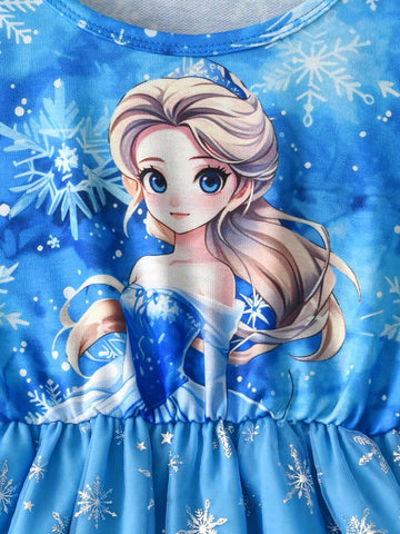Girls Cute Cartoon Blue Snowflake Print Mesh Long Sleeve Dress, Casual Outdoor Everyday Wear