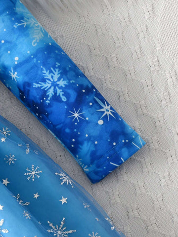 Girls Cute Cartoon Blue Snowflake Print Mesh Long Sleeve Dress, Casual Outdoor Everyday Wear